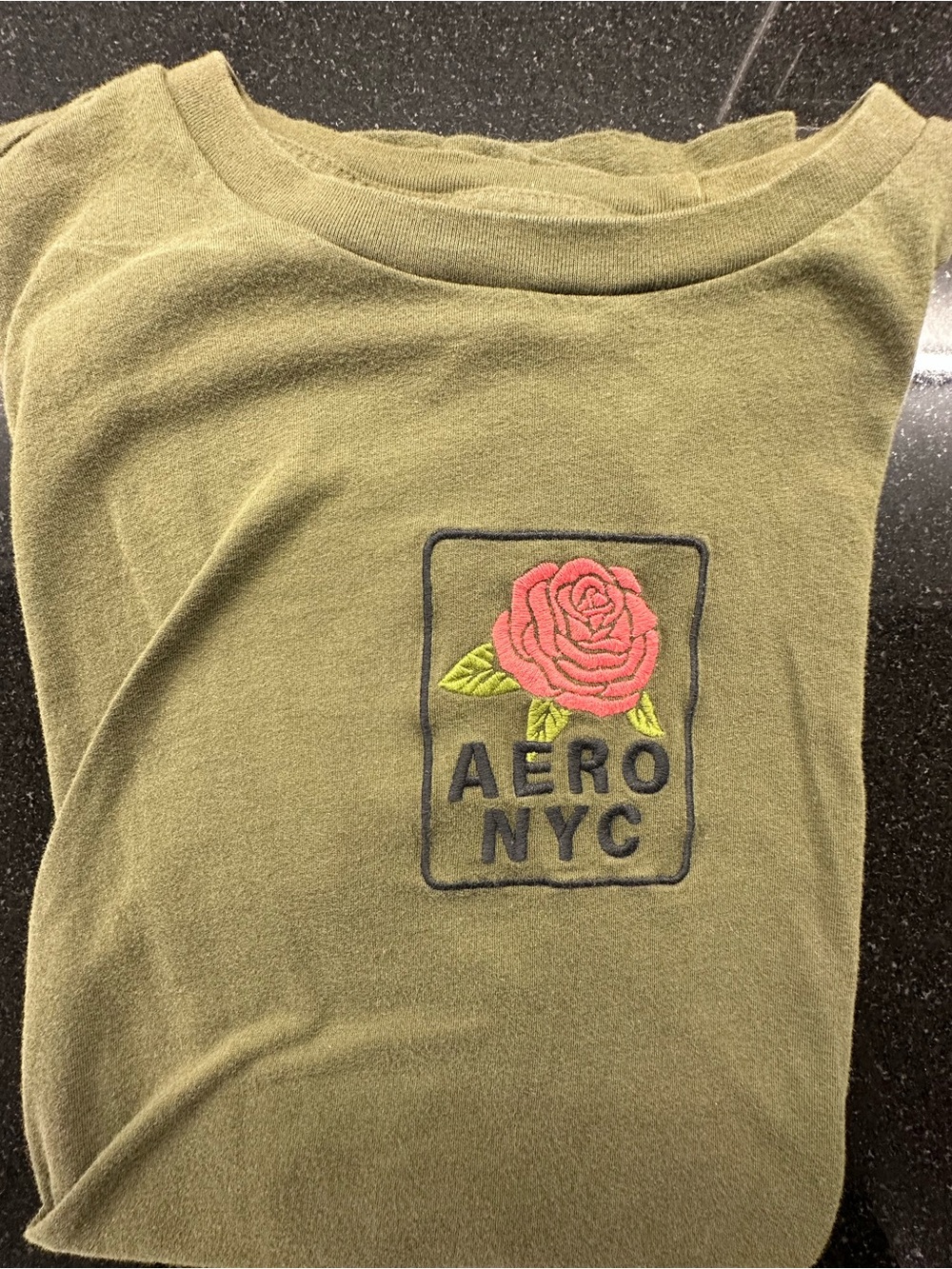 Aeropostale Olive Green Tee with Pink Rose Accent